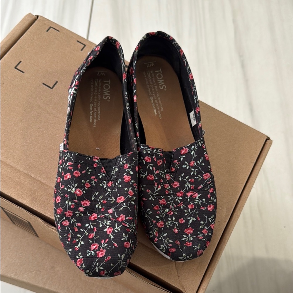 TOMS Black Floral Slip-On Shoes